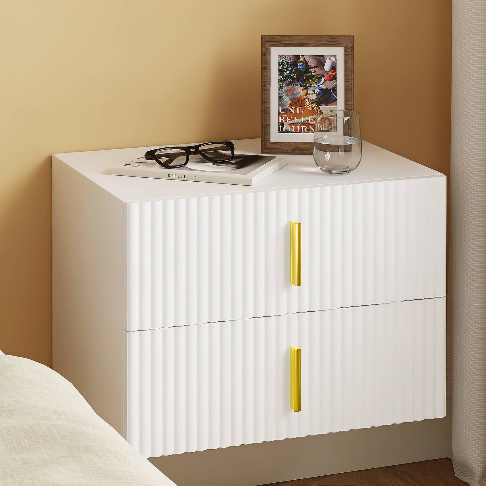 SoBuy 2 Drawer Ripple Front Wall Mounted Bedside Table - White - Image 2