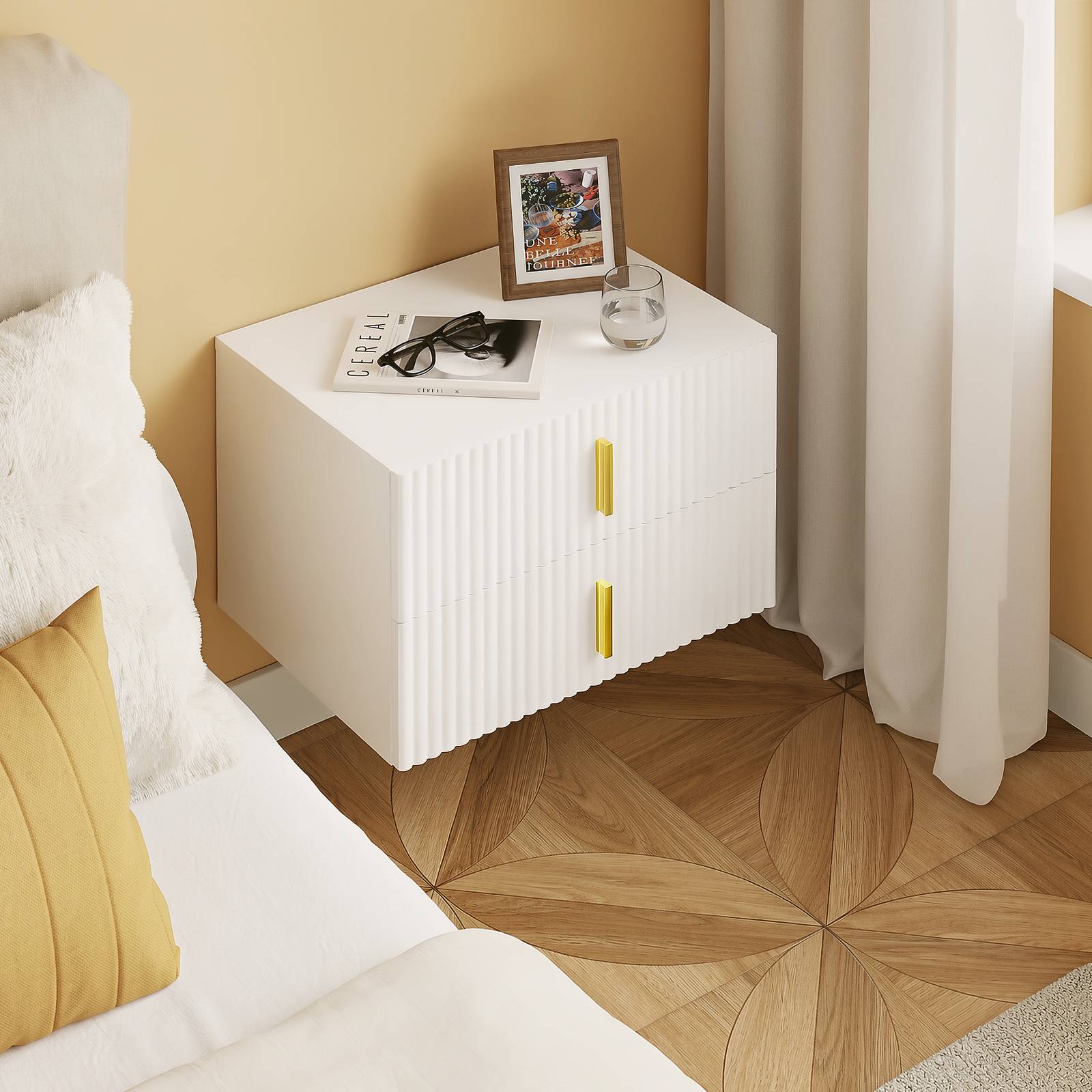 SoBuy 2 Drawer Ripple Front Wall Mounted Bedside Table - White - Image 3