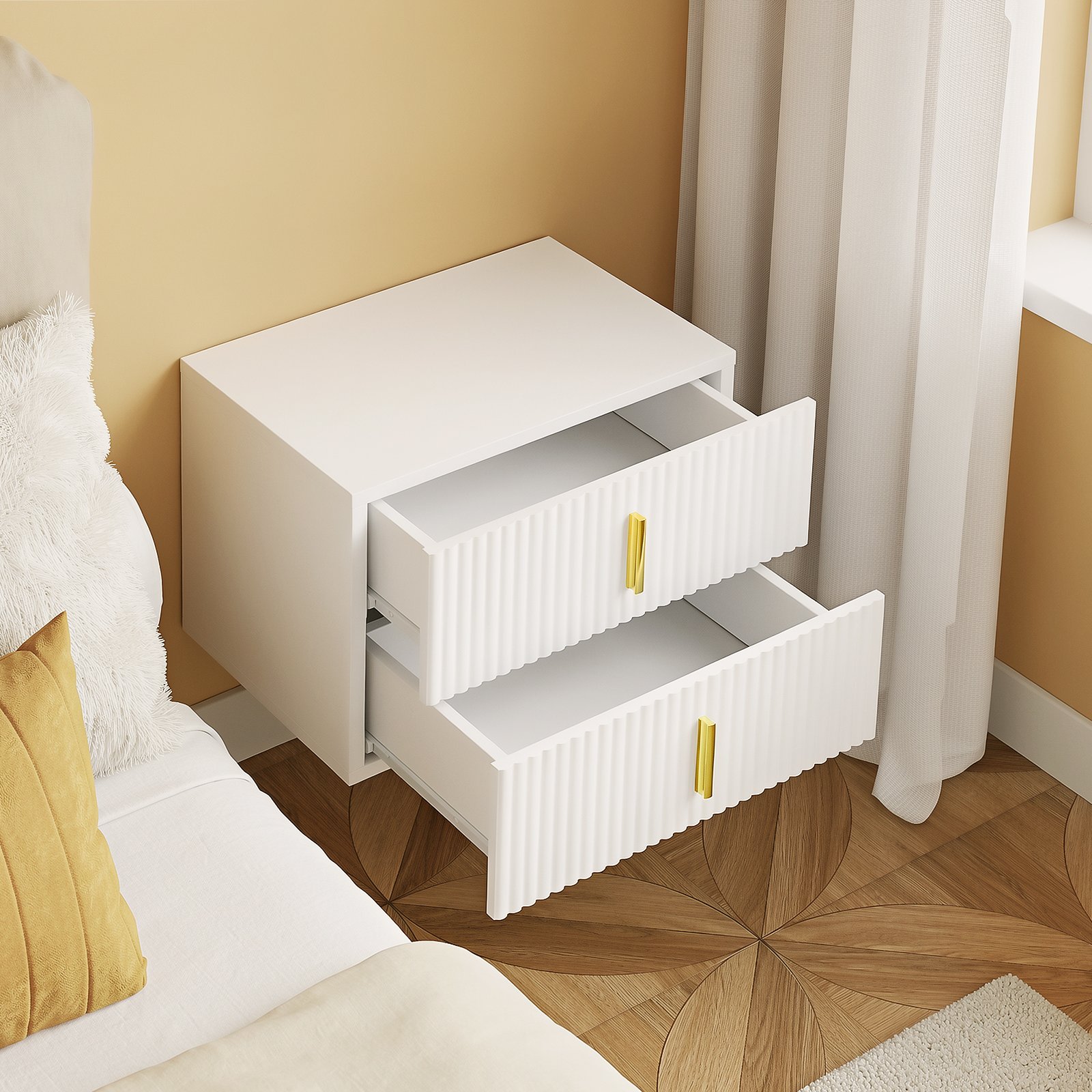 SoBuy 2 Drawer Ripple Front Wall Mounted Bedside Table - White - Image 4