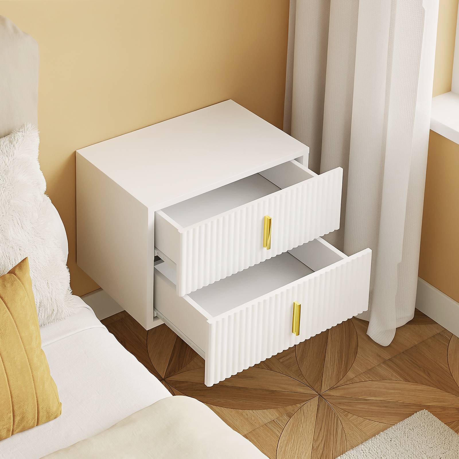 SoBuy 2 Drawer Ripple Front Wall Mounted Bedside Table - White - Image 4