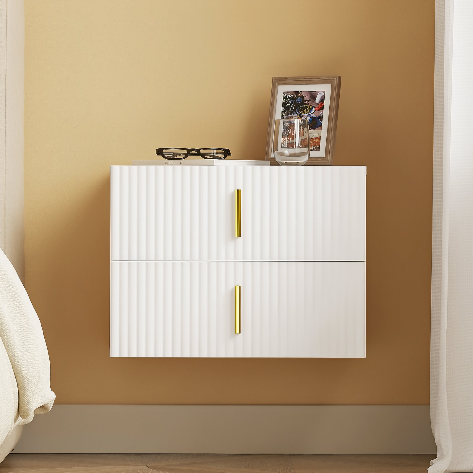 SoBuy 2 Drawer Ripple Front Wall Mounted Bedside Table - White - Image 5
