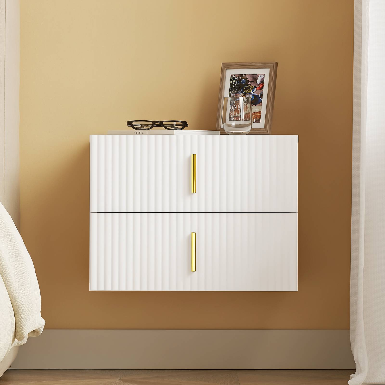 SoBuy 2 Drawer Ripple Front Wall Mounted Bedside Table - White - Image 5