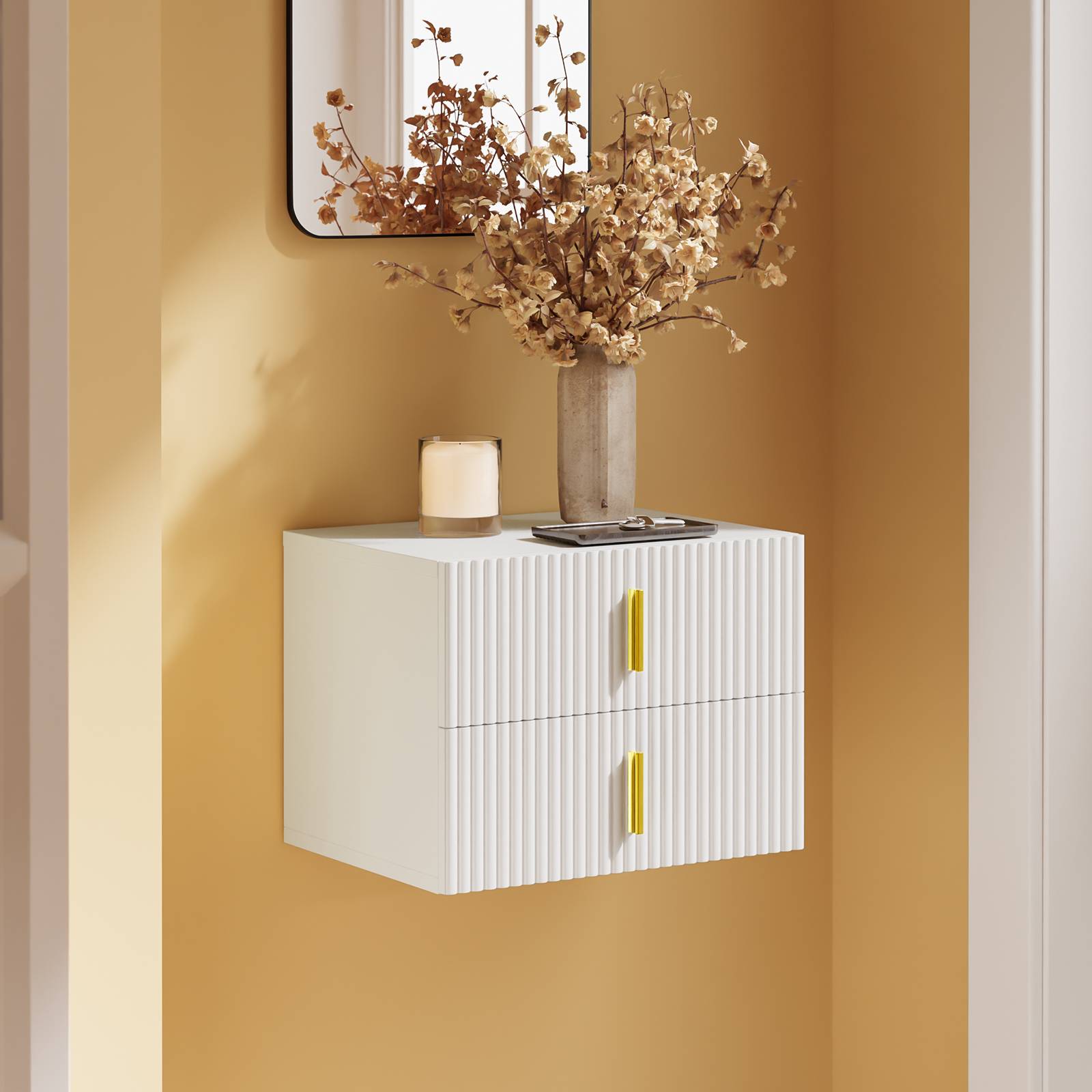 SoBuy 2 Drawer Ripple Front Wall Mounted Bedside Table - White - Image 6