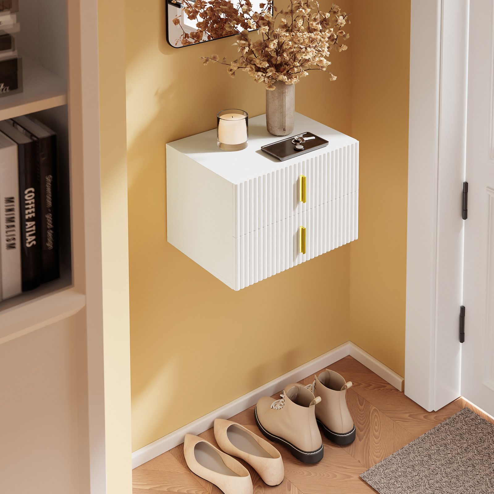 SoBuy 2 Drawer Ripple Front Wall Mounted Bedside Table - White - Image 7