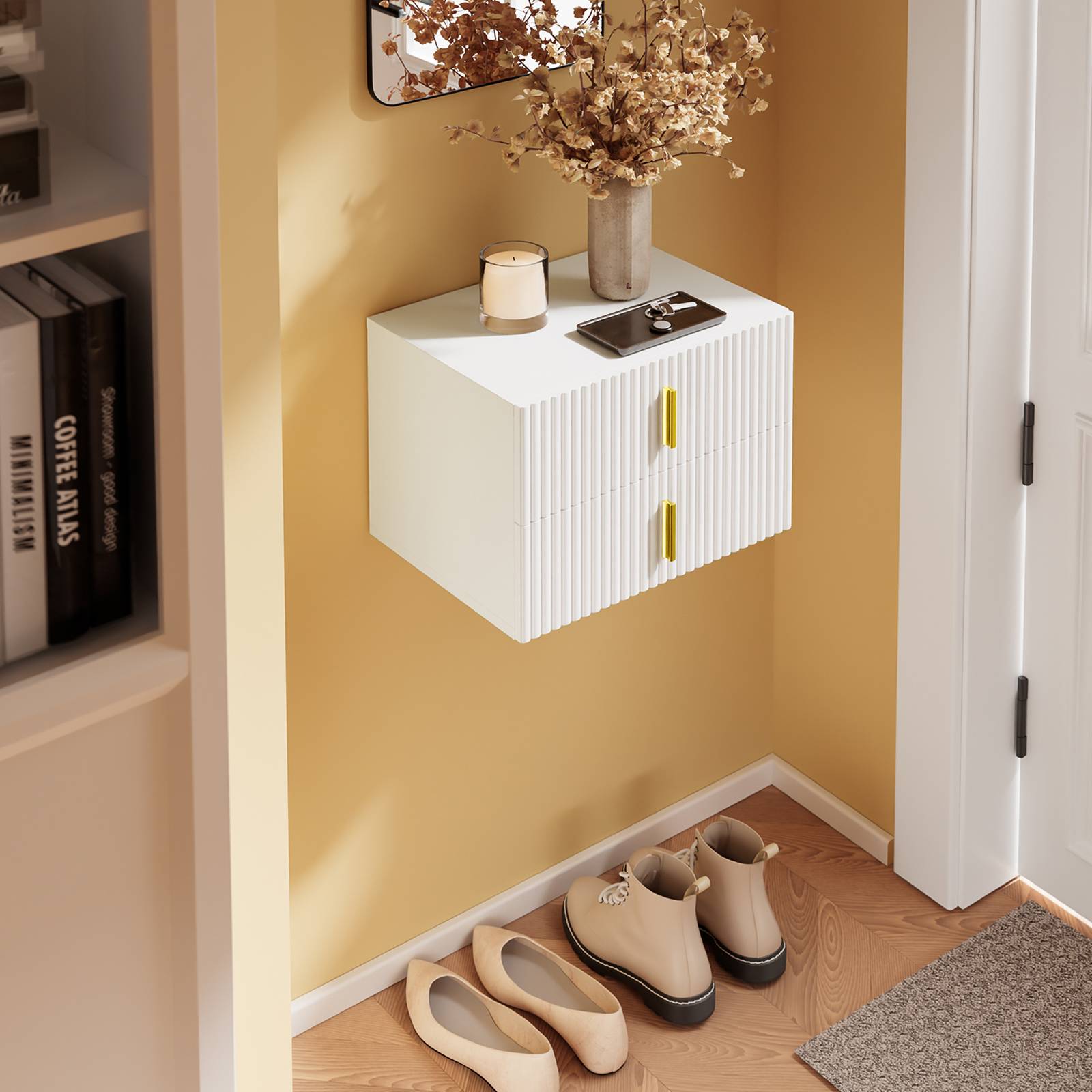 SoBuy 2 Drawer Ripple Front Wall Mounted Bedside Table - White - Image 7