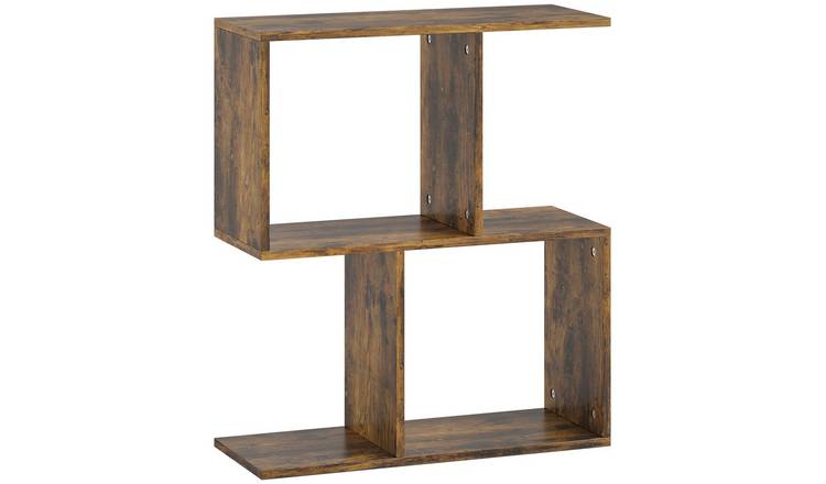 HOMCOM S Shaped 3 Tier Narrow Side Table with Shelves - Rustic Brown