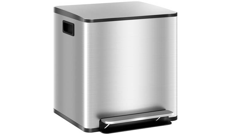 HOMCOM 2 x 15L Double Kitchen Bin Pedal Bin Soft-close Lid - Silver Tone