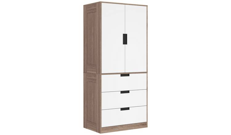 HOMCOM 2 Door Wardrobe with 3 Drawers and Hanging Rail - Brown