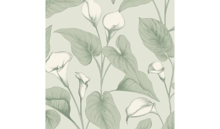 Grandeco Botanical Calla Lily Floral Foliage Textured Wallpaper - Green