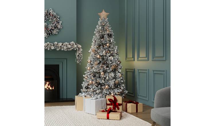 Luxury 7ft Pre-Lit Faux Hinged Snowy Christmas Tree