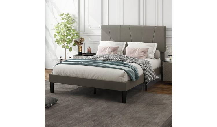 HOMCOM Double Bed Frame with 5 Adjustable Velvet Upholstered Headboard - Grey