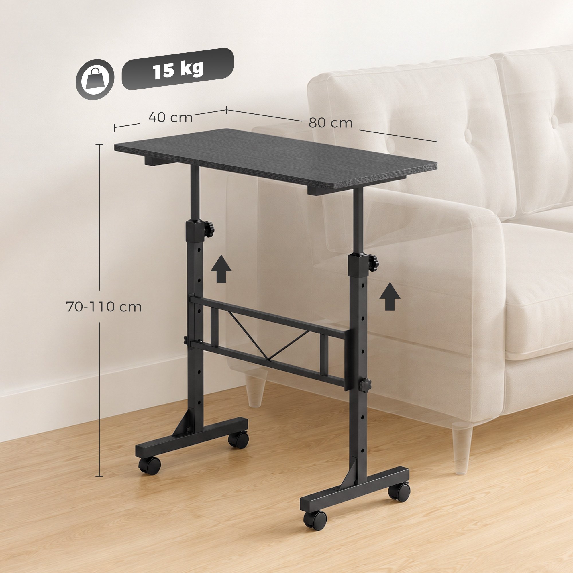 HOMCOM Steel Frame Overbed Table With Wheels and Brakes - Black - Image 7