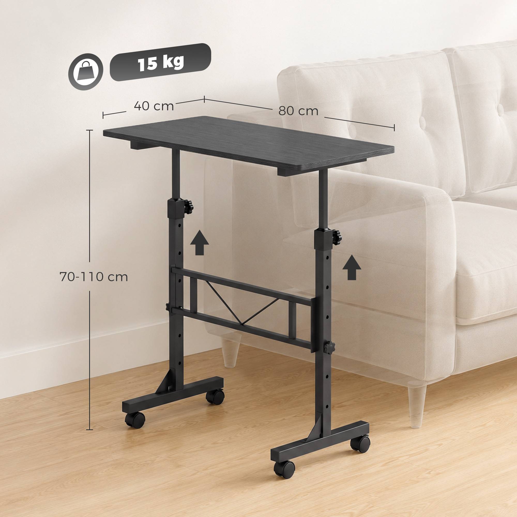 HOMCOM Steel Frame Overbed Table With Wheels and Brakes - Black - Image 7