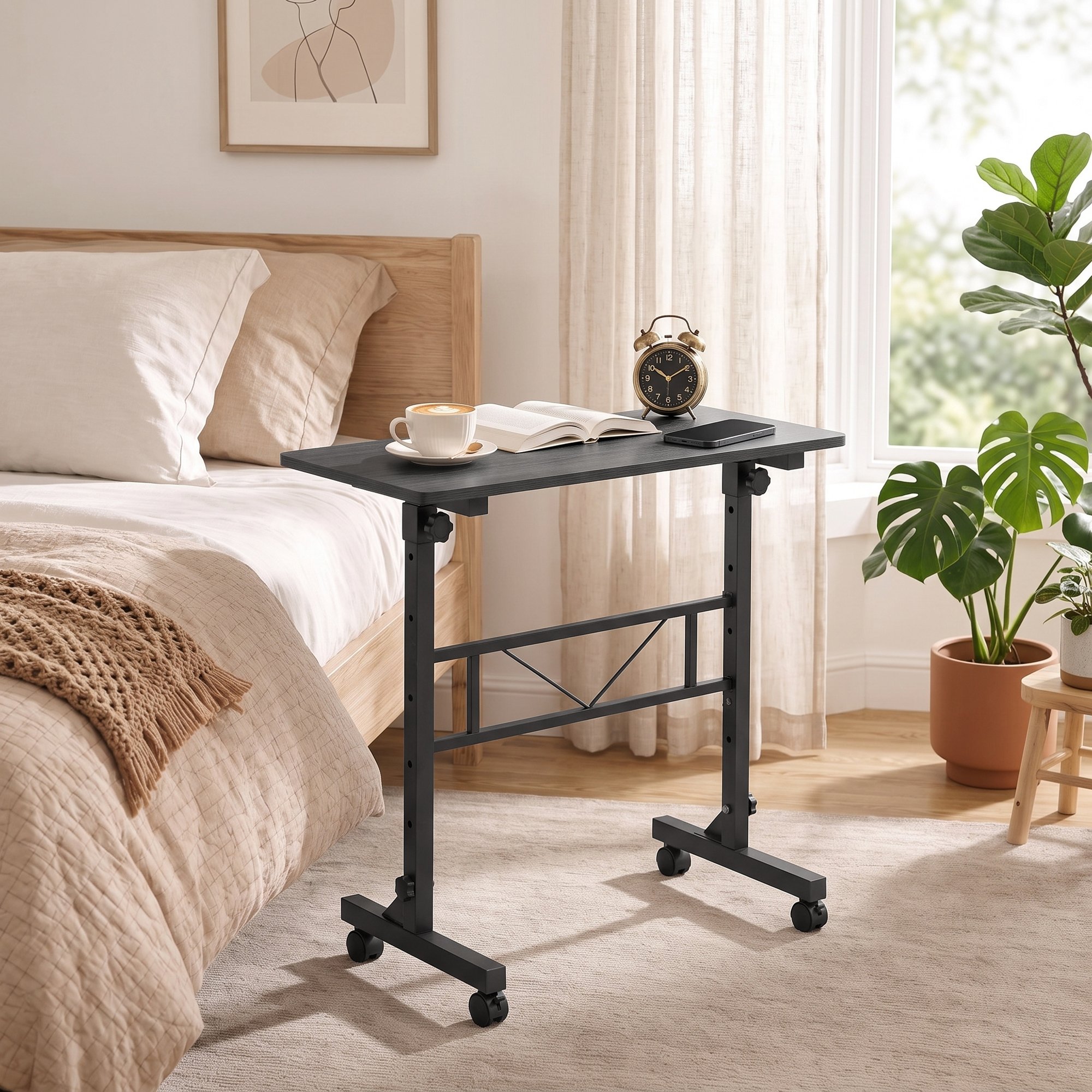 HOMCOM Steel Frame Overbed Table With Wheels and Brakes - Black - Image 5