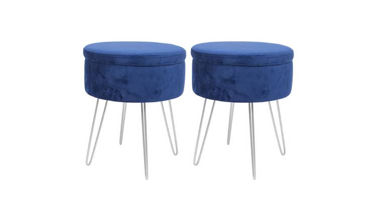 Harbour Housewares 2x Round Velvet Storage Footstool with Silver Legs - Blue