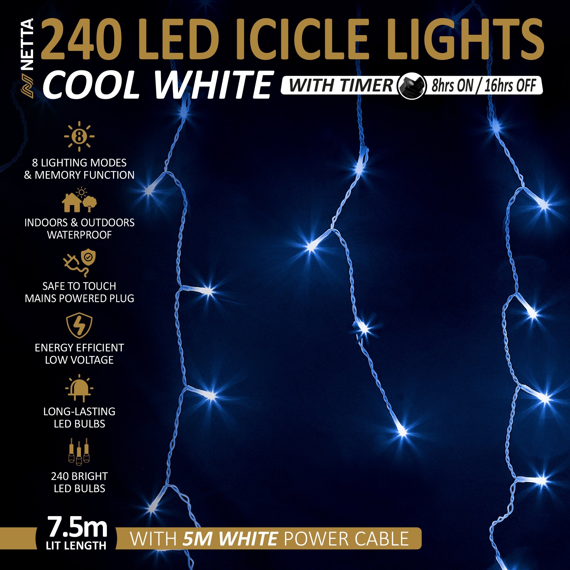 NETTA 240 LED 7.5m Outdoor Icicle Christmas Lights with Timer - Cool White - Image 2