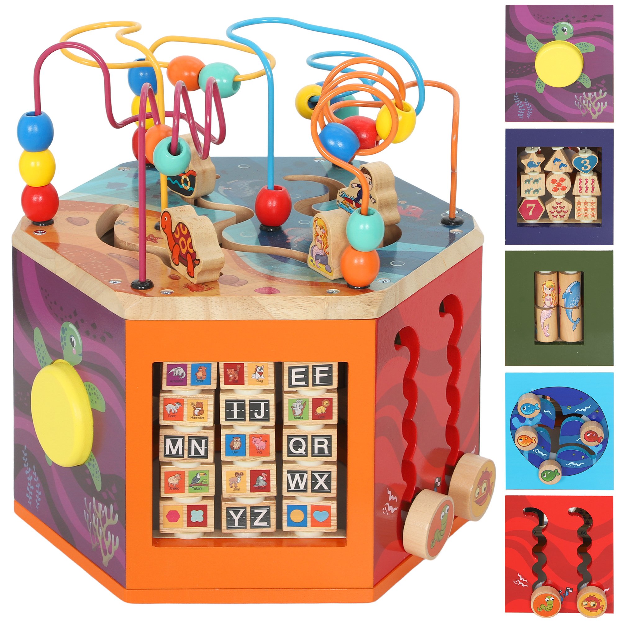 AIYAPLAY Wooden Bead Maze Pattern Sorter Baby Activity Cube - Multicolored - Image 1