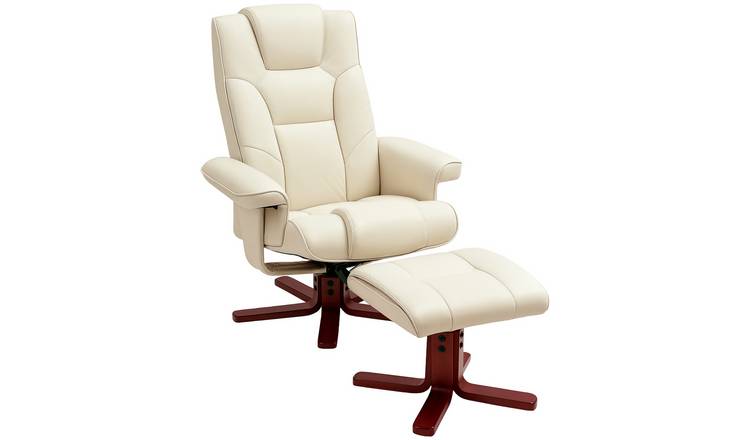 HOMCOM PU Leather Recliner Chair with Footstool and Wooden Base - Cream White