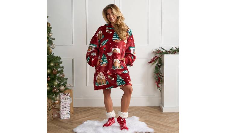 OHS Home For Xmas Print Hoodie Blanket - One Size -  Burgundy