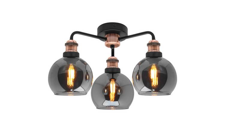 Energy Light Bulbs 3 Light Grey Globe Glass Ceiling Light - Antique Copper