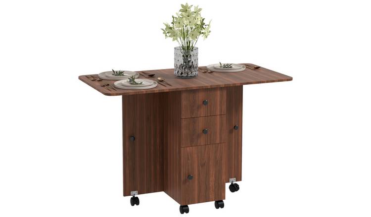 HOMCOM Rolling Drop Leaf Table on Wheels with Drawers - Brown