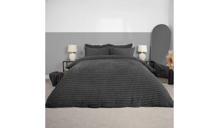 OHS Ribbed Duvet Cover Faux Fur Winter Warm Bedding Set Charcoal - Super King