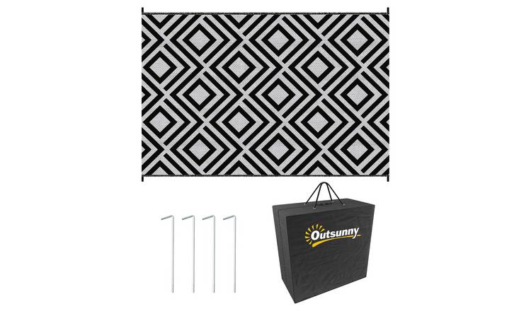 Outsunny Reversible Outdoor Rug with Carry Bag - Black and White