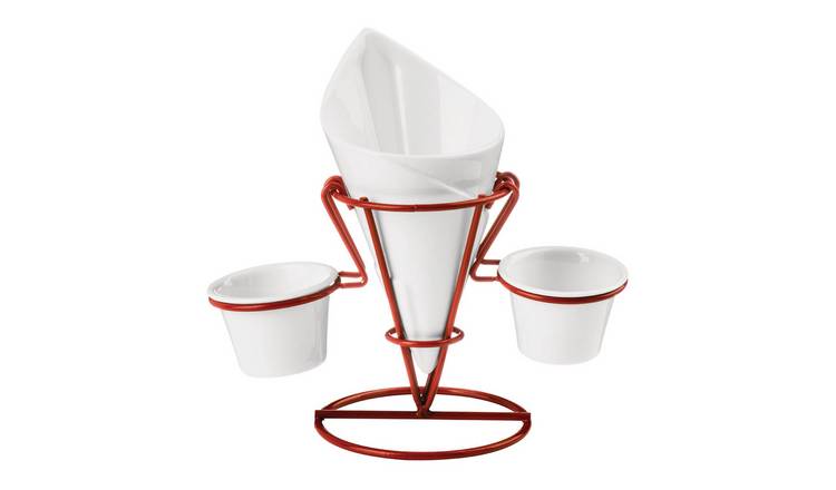 Orsina Hollywood French Fry Cone with 2 Dip Dishes and Stand – White and Red