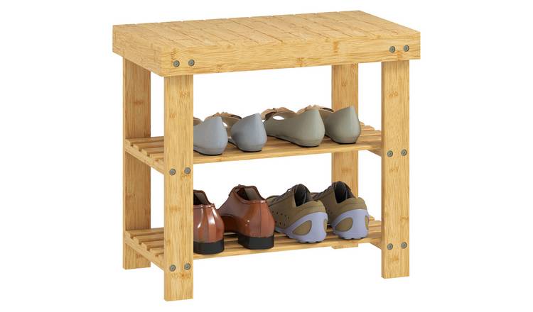 HOMCOM 3-Tier Bamboo Shoe Bench with Slatted Shelves - Natural wood finish