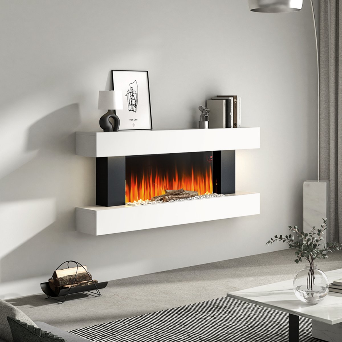 Living and Home Wall Mounted Electric Fireplace with Remote and Wi-Fi - White - Image 2