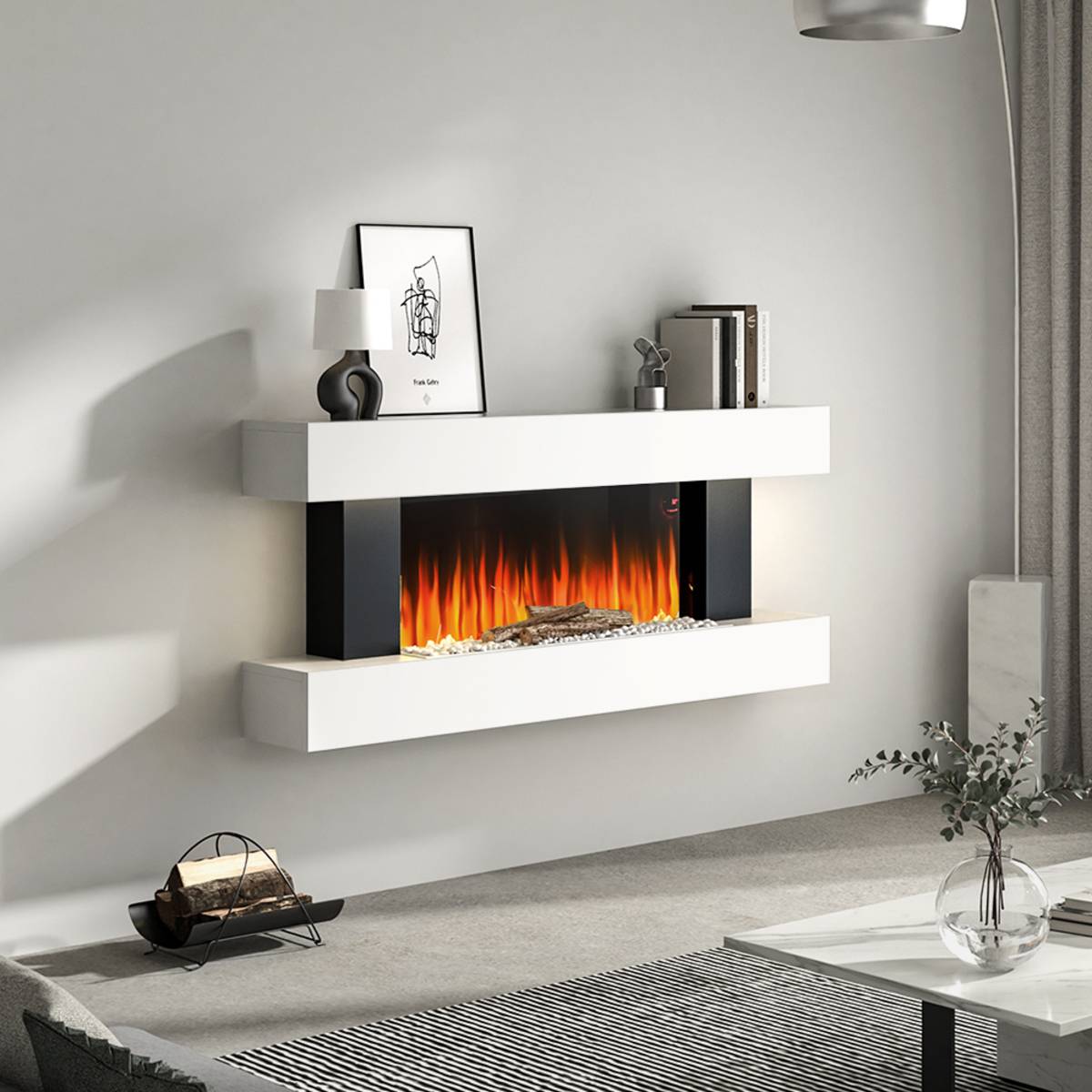 Living and Home Wall Mounted Electric Fireplace with Remote and Wi-Fi - White - Image 2