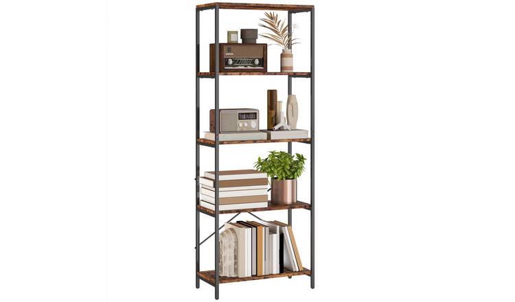 HOMCOM 5 Tier Floor Standing Book Shelf with Metal Frame - Rustic Brown