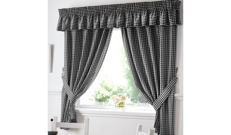 Alan Symonds Gingham Pencil Pleat Curtains - Black - 117 x 107cm