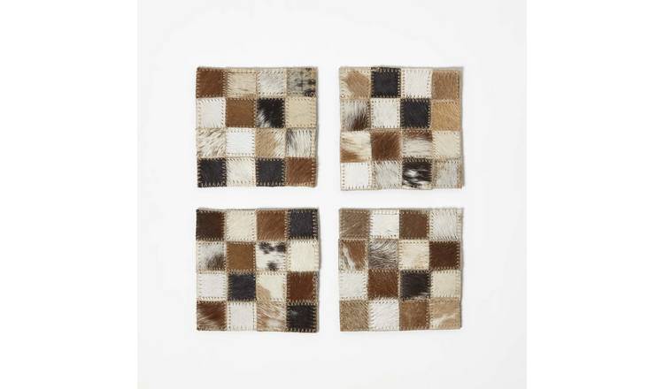 Homescapes Pack of 4 Block Check Leather Coasters - Brown