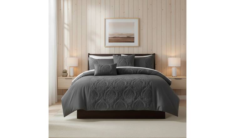 Snug City Damask Velvet Border Duvet Cover Bedding Set - Single - Grey