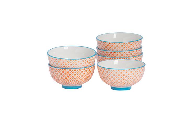 Nicola Spring Hand-Printed Rice Bowls - Orange - Pack of 6