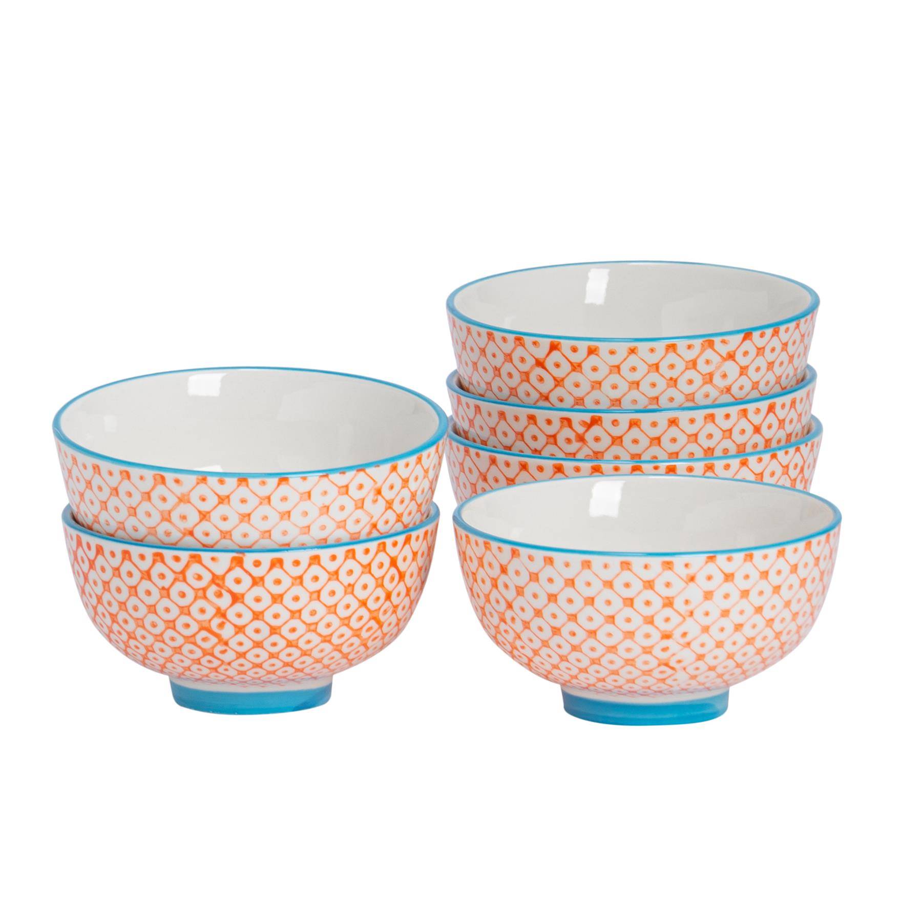 Nicola Spring Hand-Printed Rice Bowls Pack of 6 - Orange - Image 1