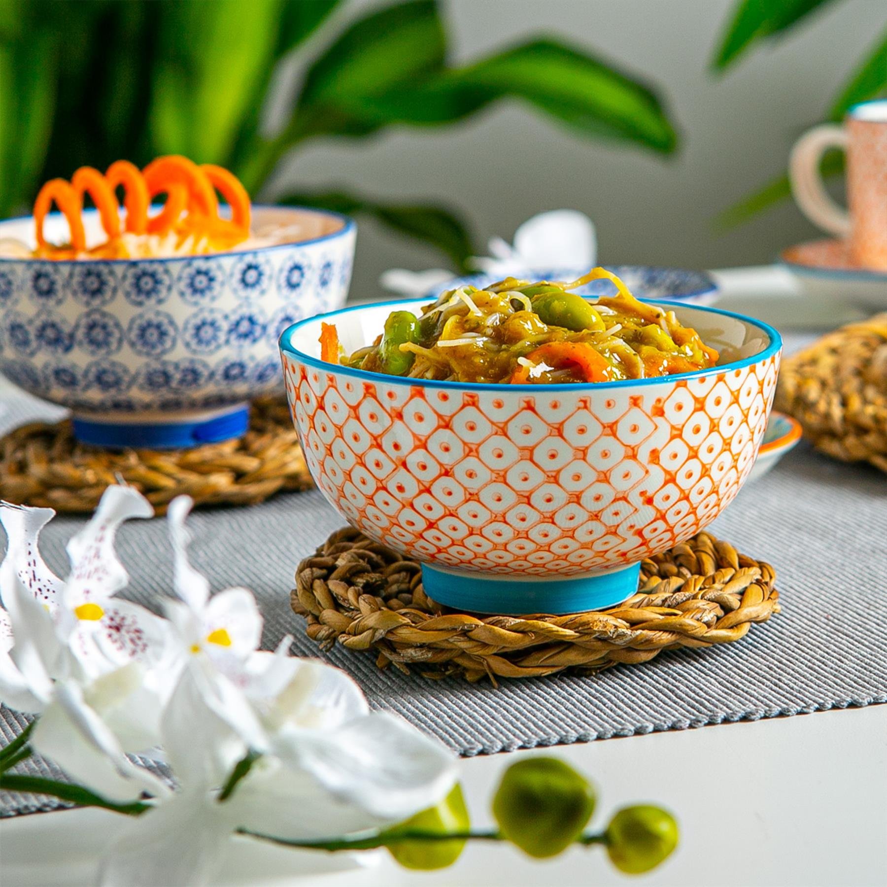 Nicola Spring Hand-Printed Rice Bowls Pack of 6 - Orange - Image 2