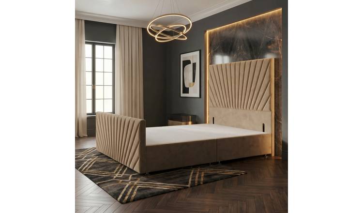 Somnior Velvet King Divan Bed with Footboard & Headboard - Beige