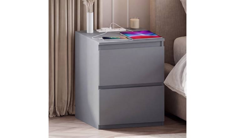 Vida Designs Denver 2 Drawer Large Bedside Chest with Power Outlet - Grey