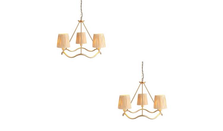Loops Direct Set of 2 Steel Raffia 3 Light Pendant - Brushed Aged Brass