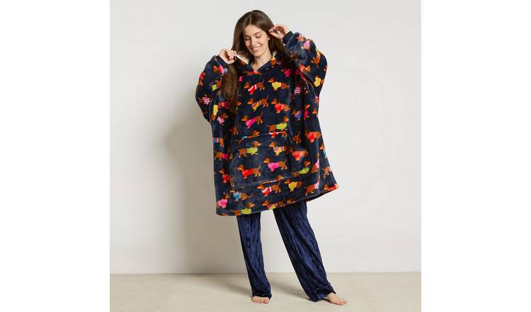 OHS Sausage Dog Print Hoodie Blanket - One Size - Navy