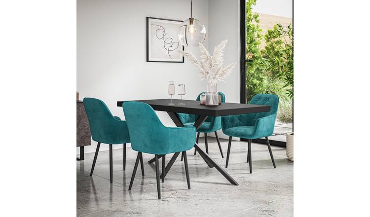 Furniture Online Donni Anika Black Top Dining Table & 6 Blue Chairs