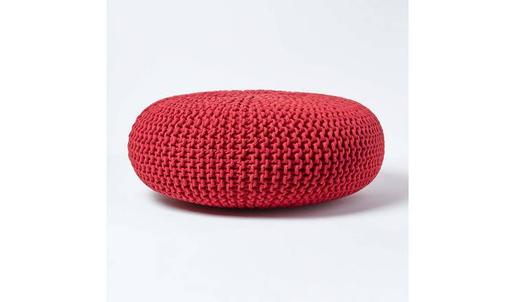 Homescapes Large Round Cotton Knitted Pouffe Footstool – Red