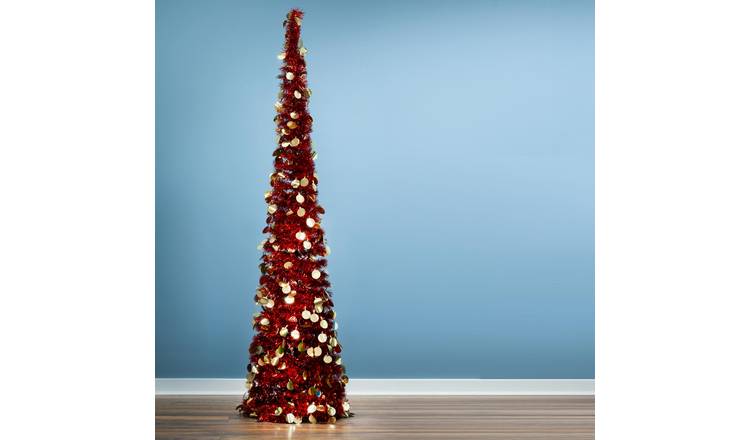 Christmas Tree World 7ft Slim Red Tinsel Pop-Up Christmas Tree