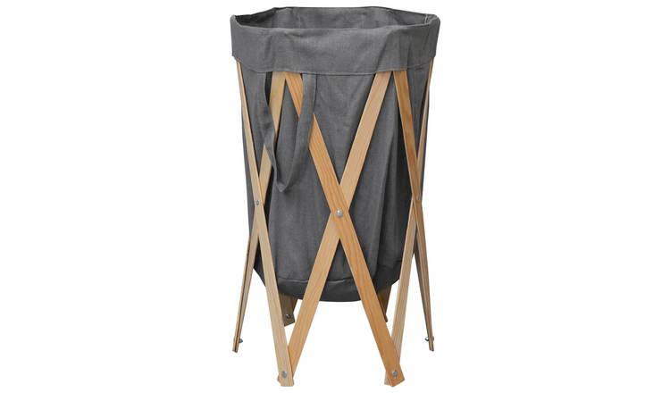 Walplus Wood Folding Laundry Basket and - Brown Frame + Grey Fabric - 42 x 70 cm