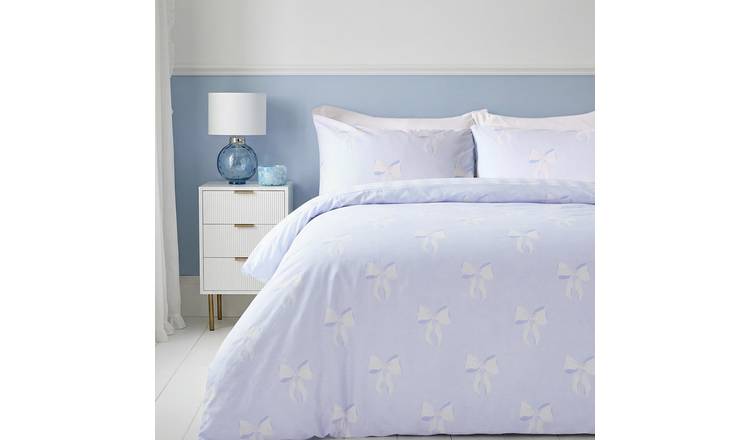 OHS Bow & Stripe Reversible Polycotton Duvet Cover Set - Blue/White - Single