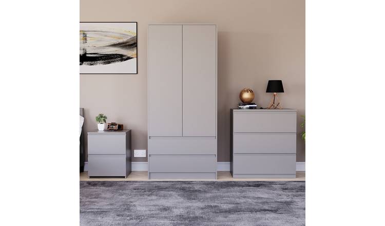 Vida Designs Denver Bedroom Set (Bedside, 3 Drawer Chest, 2x2 Wardrobe) - Grey