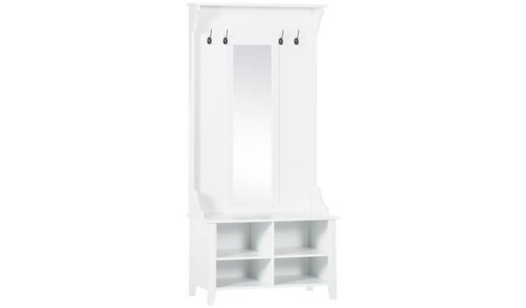 HOMCOM Hallway Furniture Set with Shoe Bench Storage Mirror-White