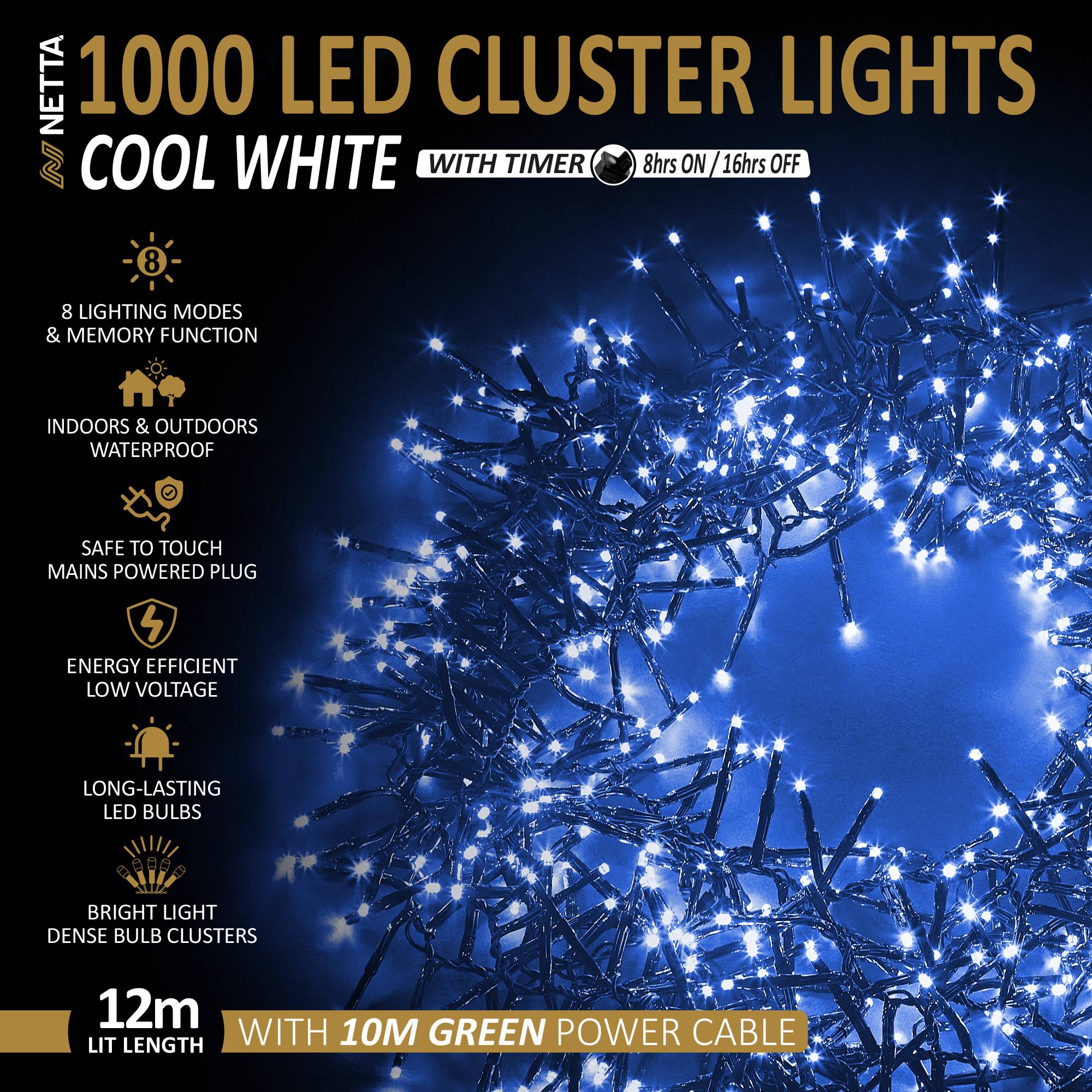 NETTA 1000 LED 12m Christmas Cluster String Lights with Timer - Cool White - Image 2